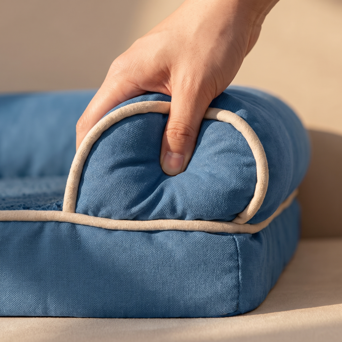 A hand pressing into the bolster showing the sponge springing back
