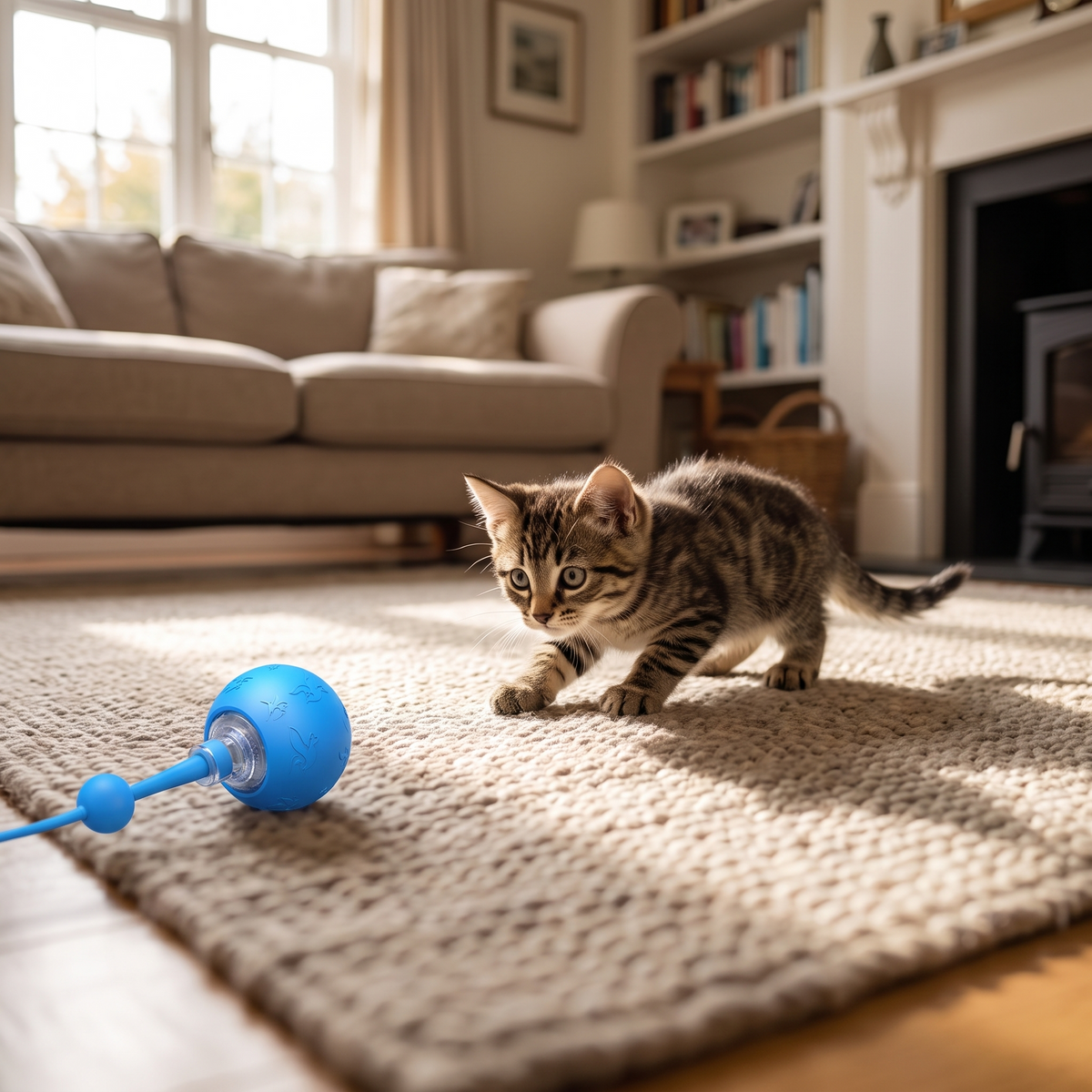 A kitten crouched in stalking posture watching the toy