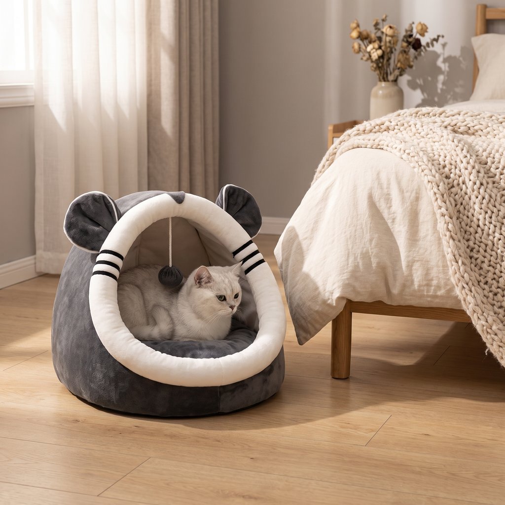 The cat nest on a bedroom floor with a cat settling into it
