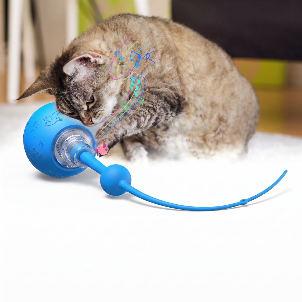 Smart electric cat toy ball with silicone tail on a white studio background