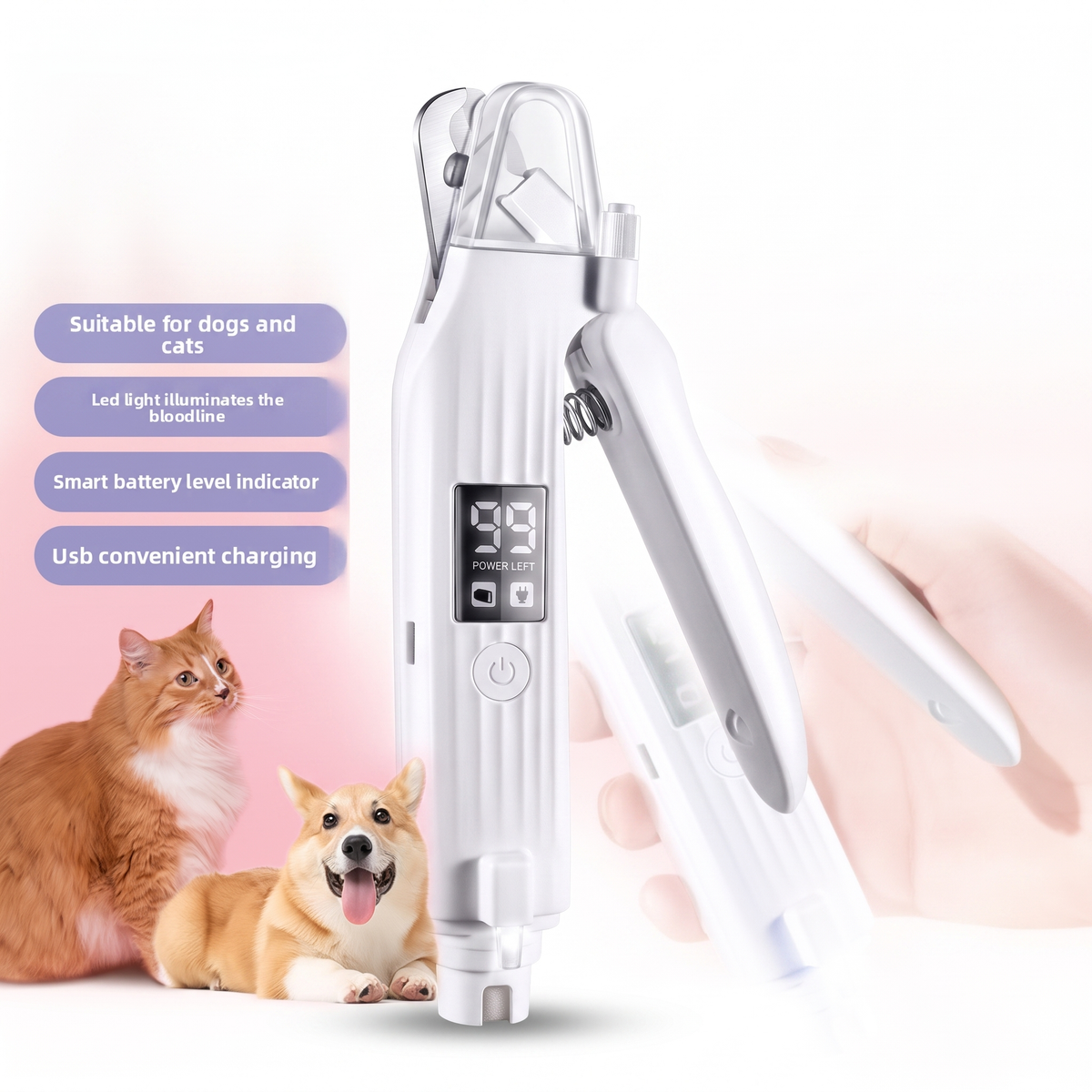 Rechargeable pet nail grinder on a white studio background