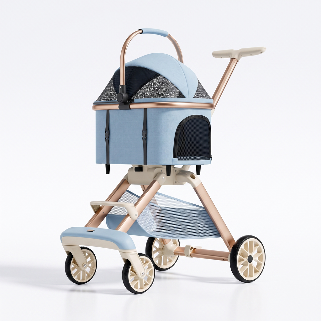 Foldable pet stroller in sky blue