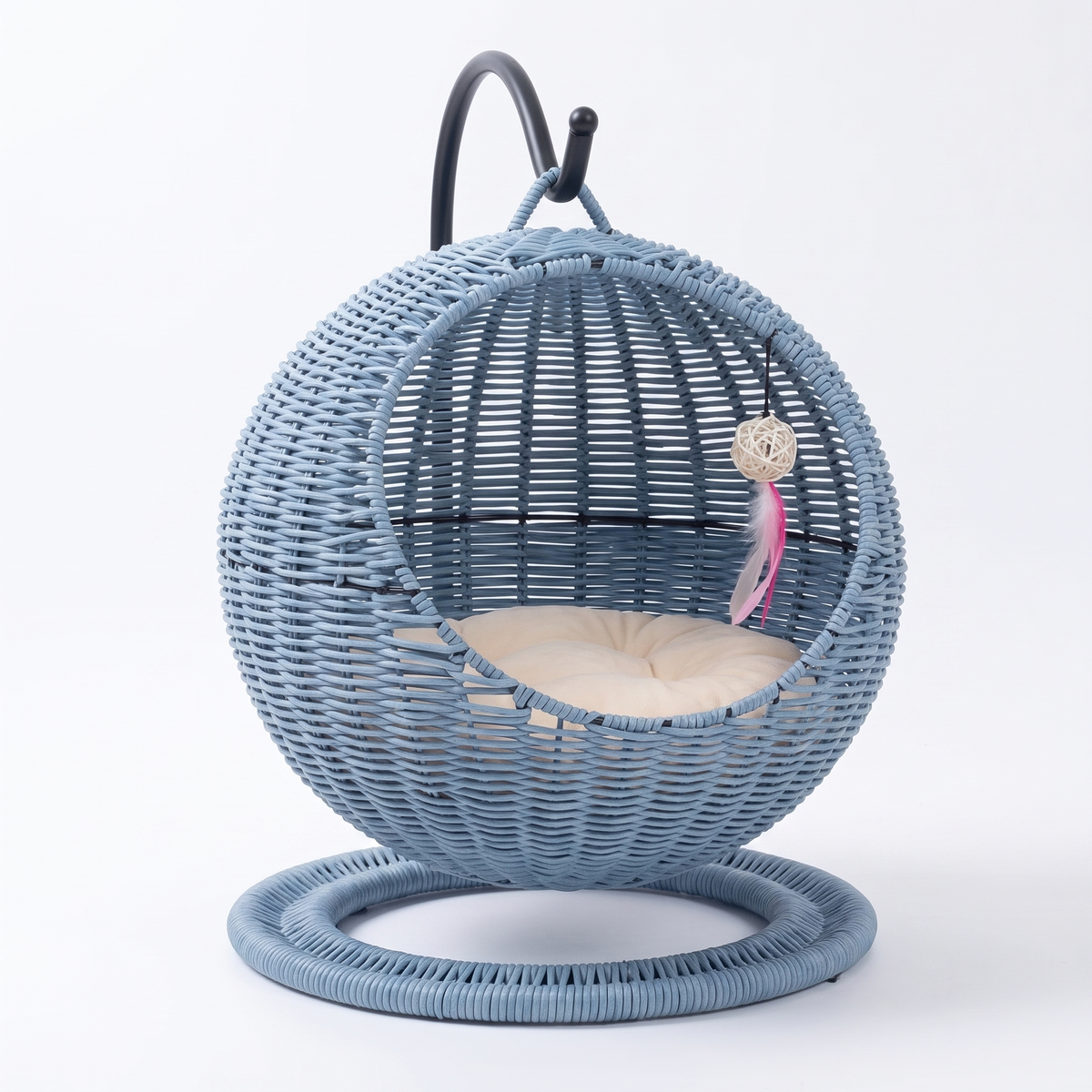 Rattan hanging cat basket in blue