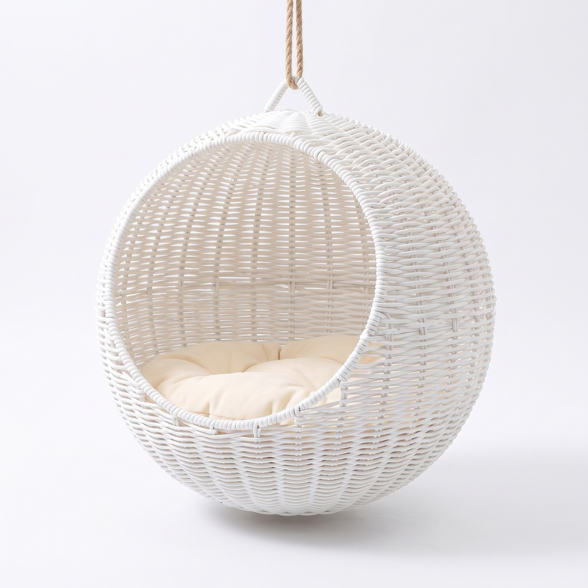 Rattan hanging cat basket in white