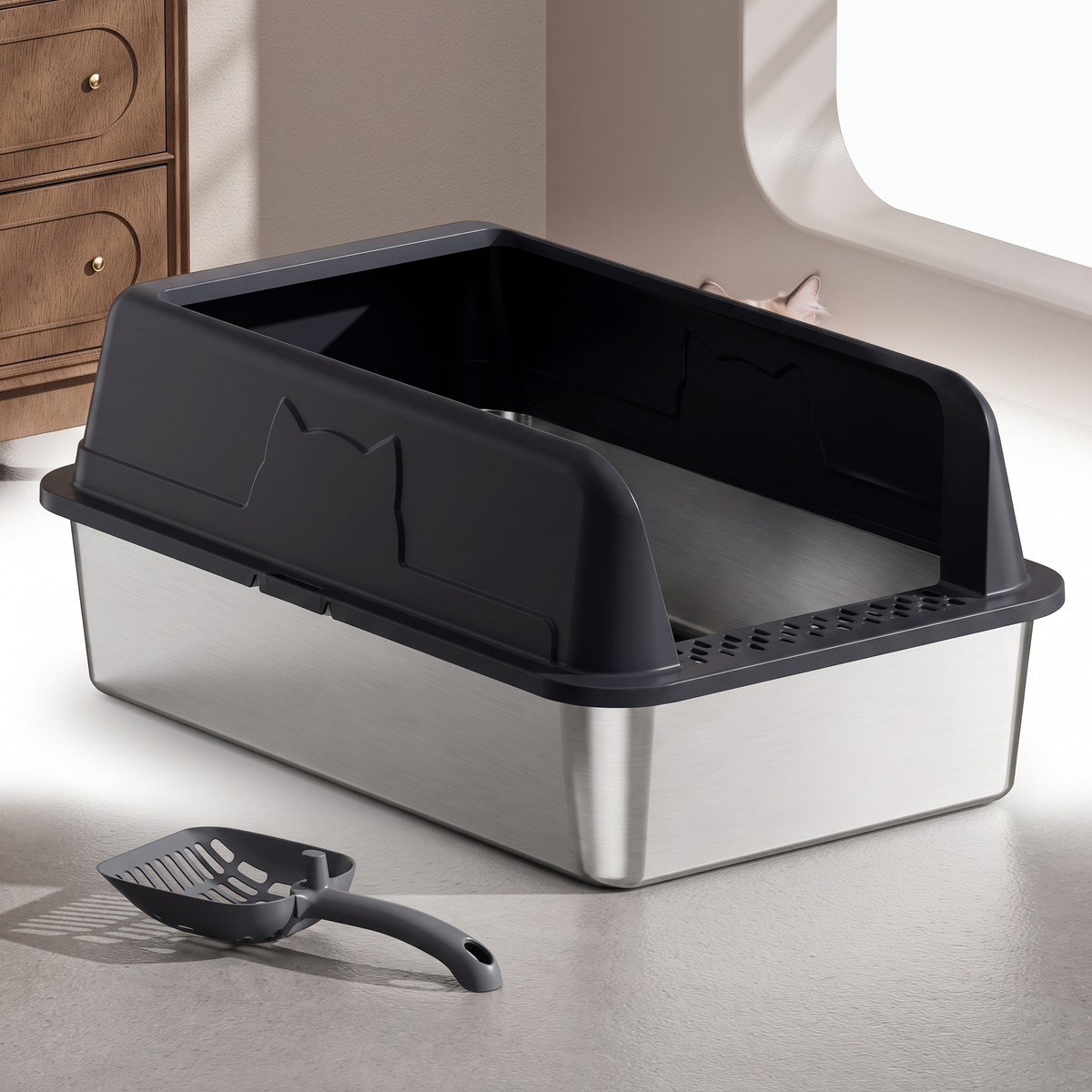 Top entry cat litter box with an obsidian black lid