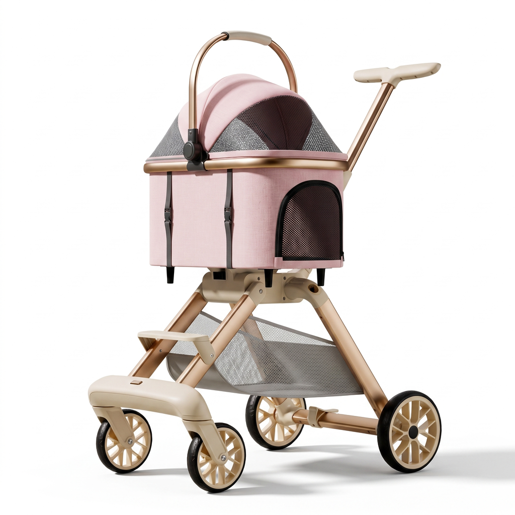 Foldable pet stroller in cherry blossom pink
