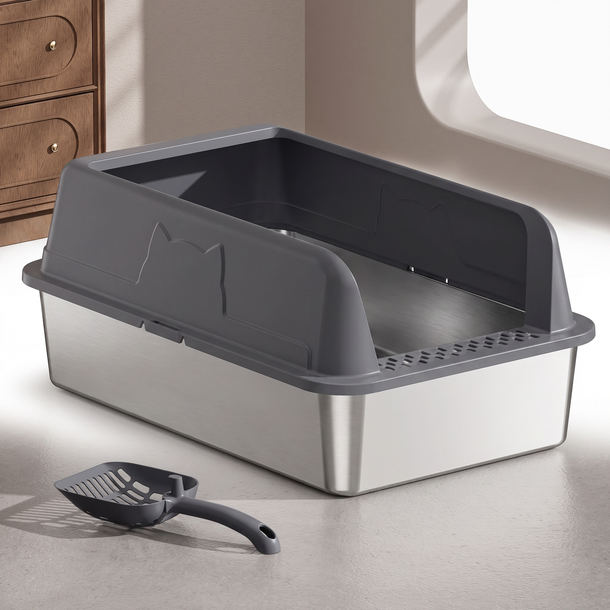 Top entry cat litter box with a space grey lid