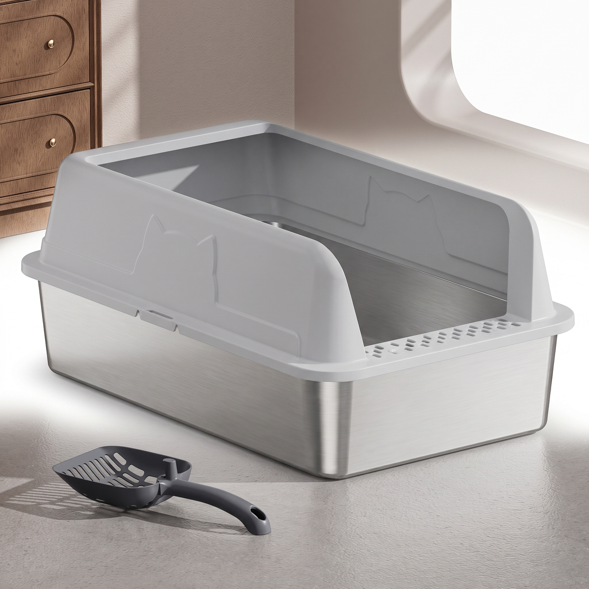 Top entry cat litter box with a light grey lid