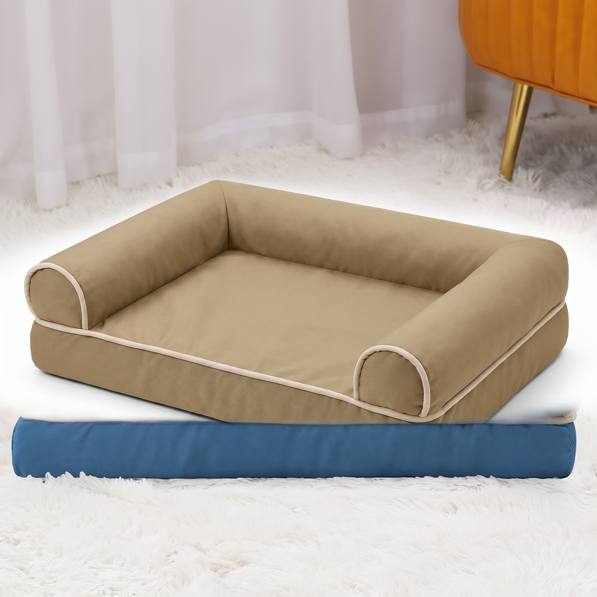 Square bolstered pet bed in khaki