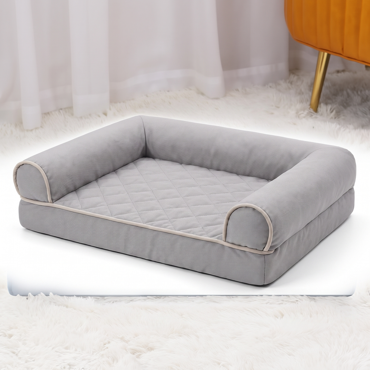 Square bolstered pet bed in light grey