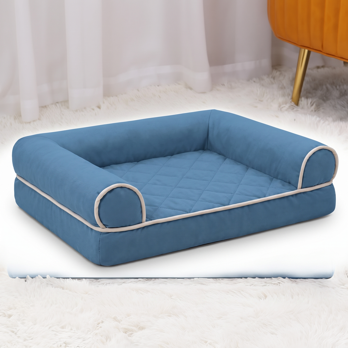 Square bolstered pet bed in blue