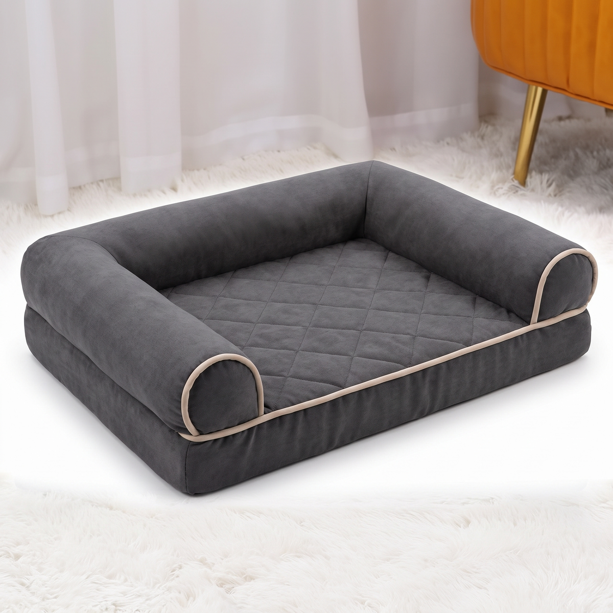 Square bolstered pet bed in dark grey