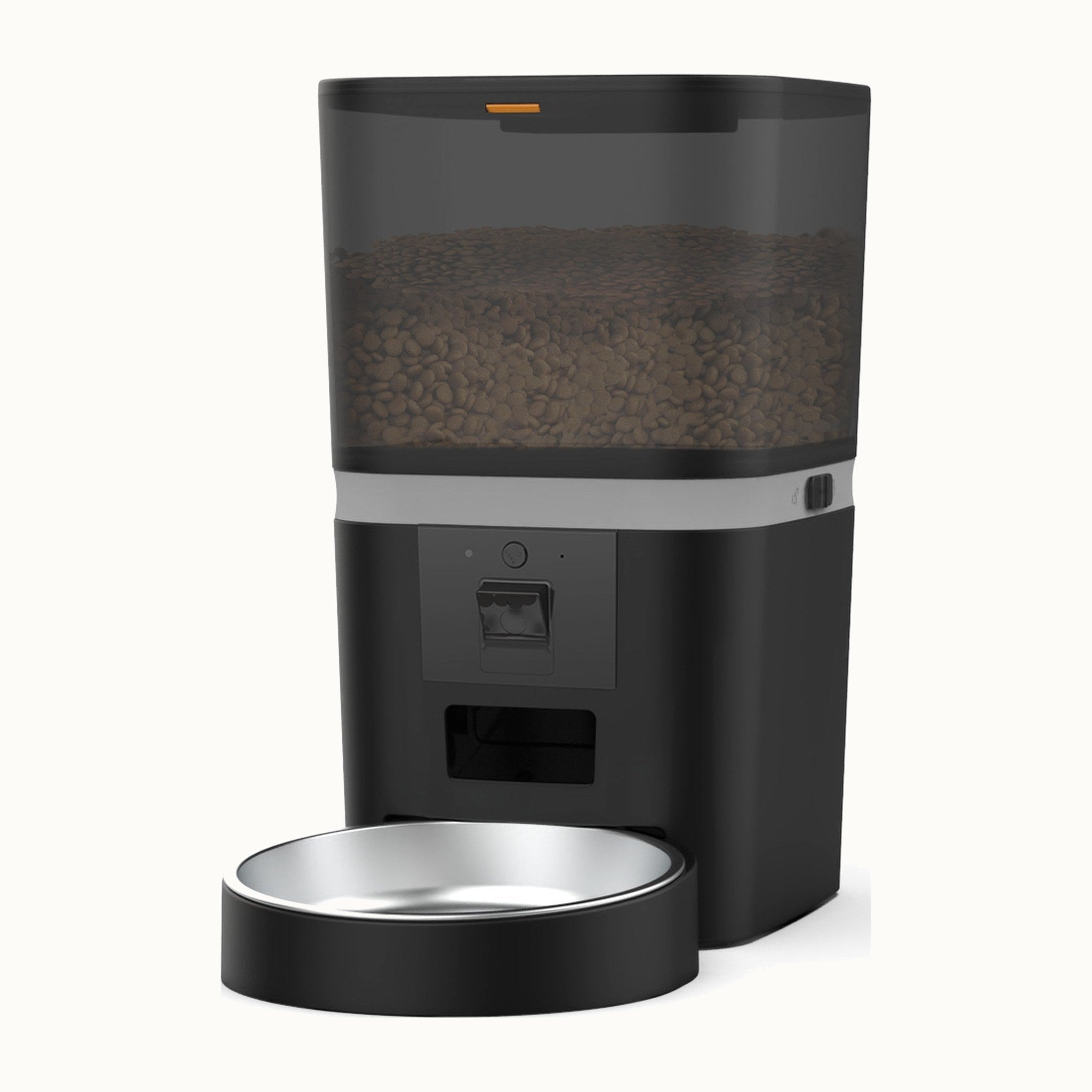 Kitty Korners automatic cat feeder in black, three-quarter view with stainless steel bowl