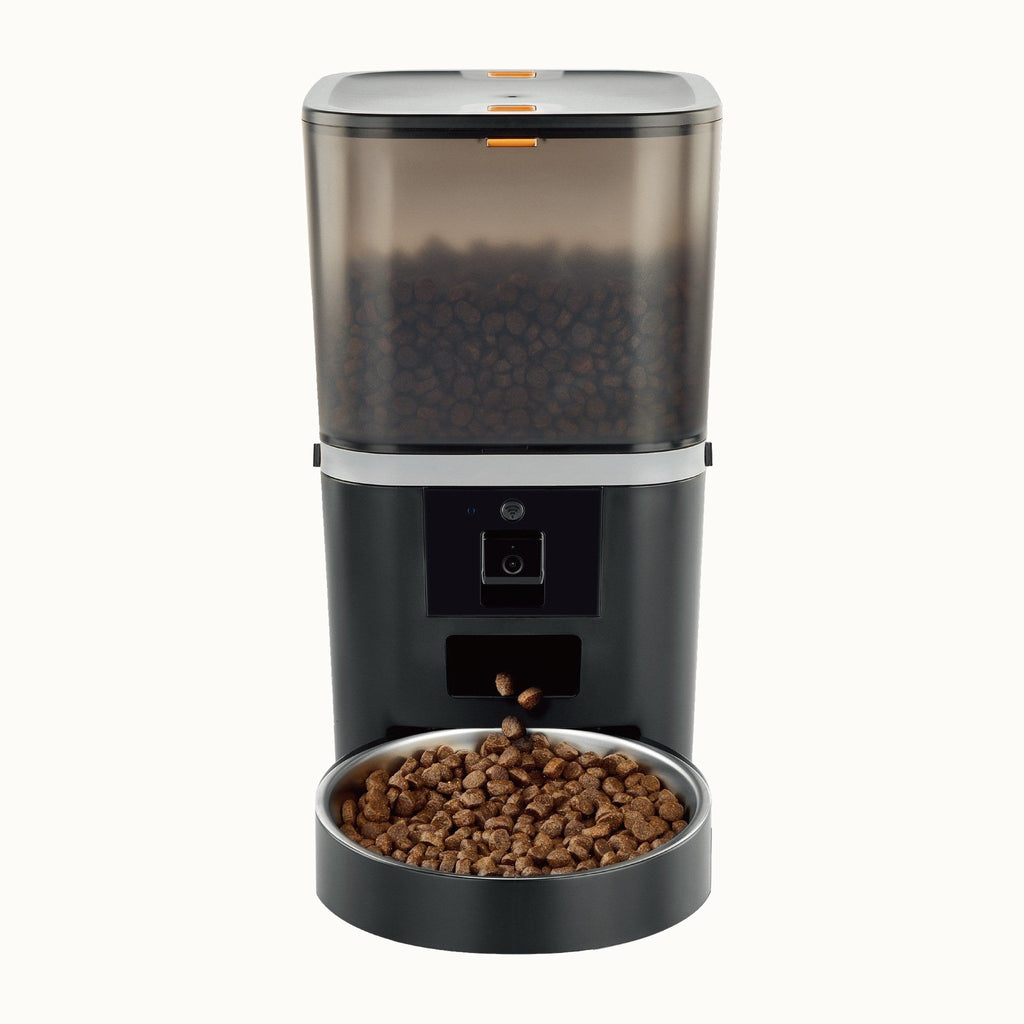 Kitty Korners automatic cat feeder in black, front view with a full bowl of dry food