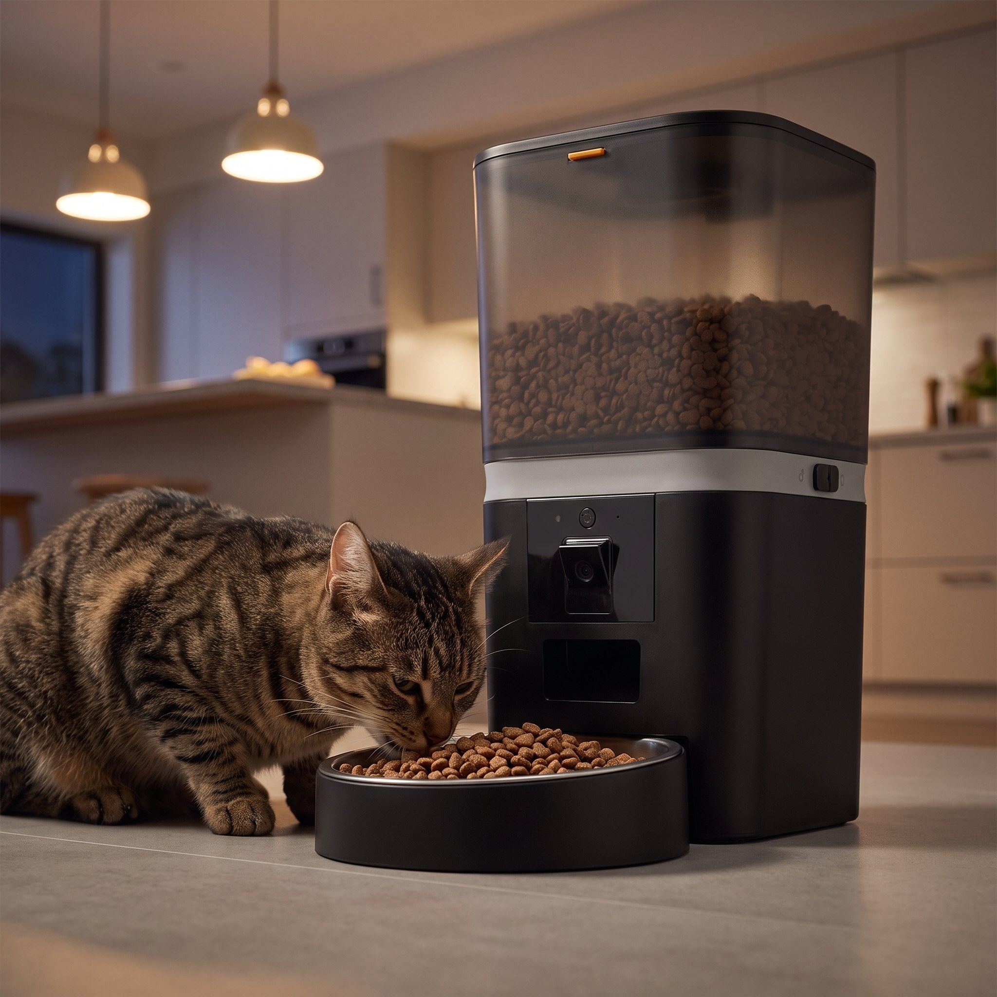 Tabby cat eating from the stainless steel bowl of the black Kitty Korners automatic cat feeder in a modern kitchen
