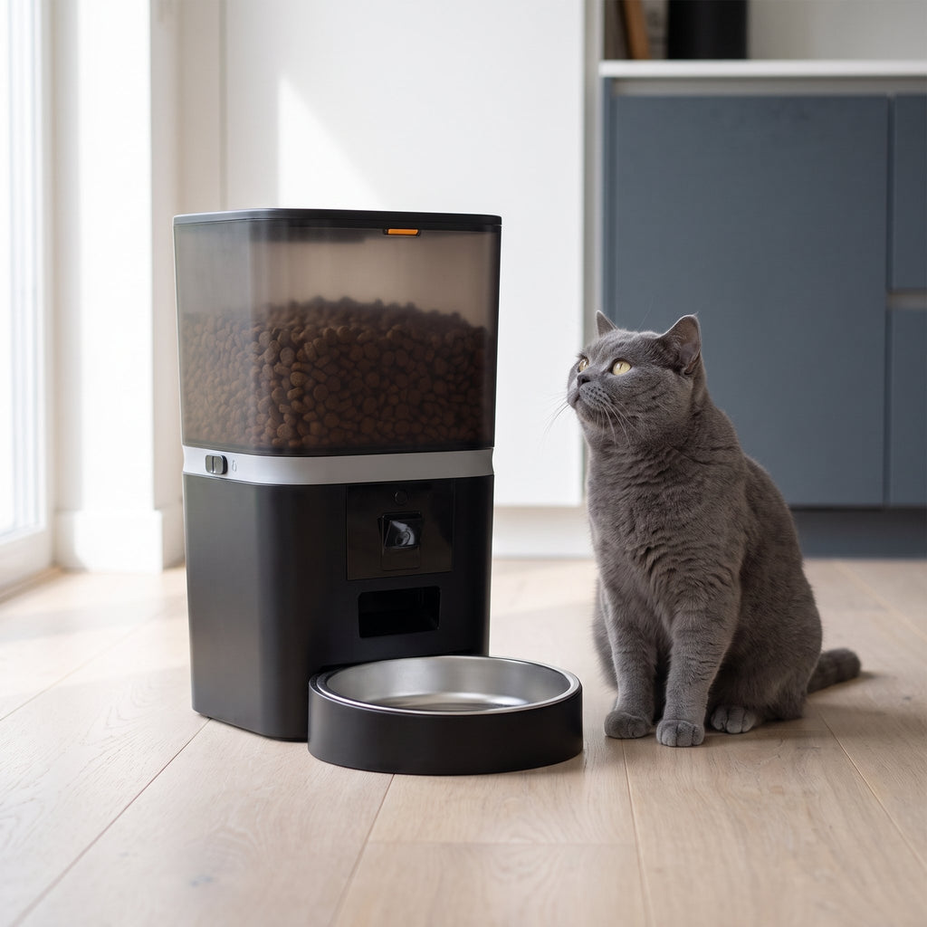 Black Kitty Korners automatic cat feeder on an oak kitchen floor with a British Shorthair cat sitting beside it