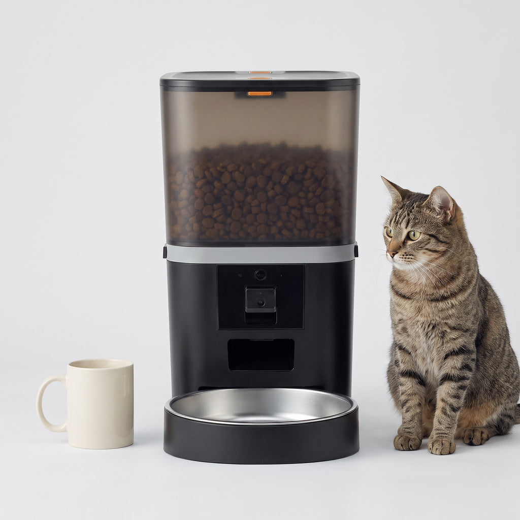 Size comparison of the black Kitty Korners automatic cat feeder beside a coffee mug and a cat