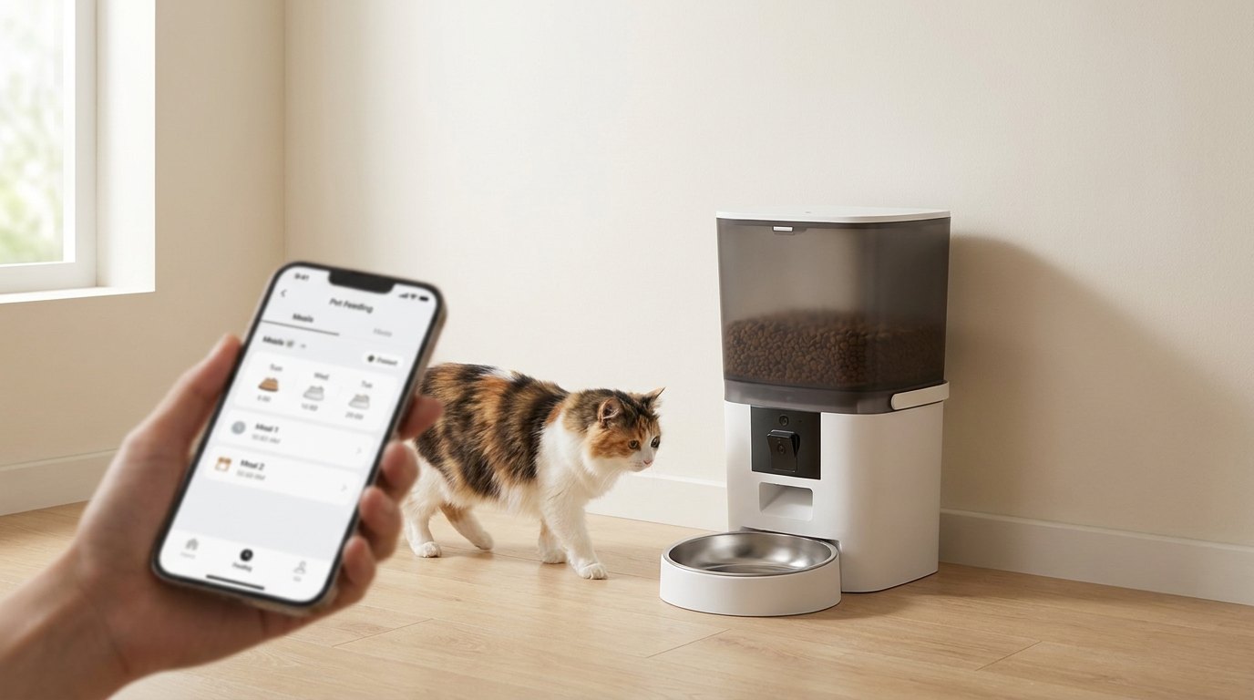 Setting a feeding schedule on a phone beside the white Kitty Korners automatic cat feeder