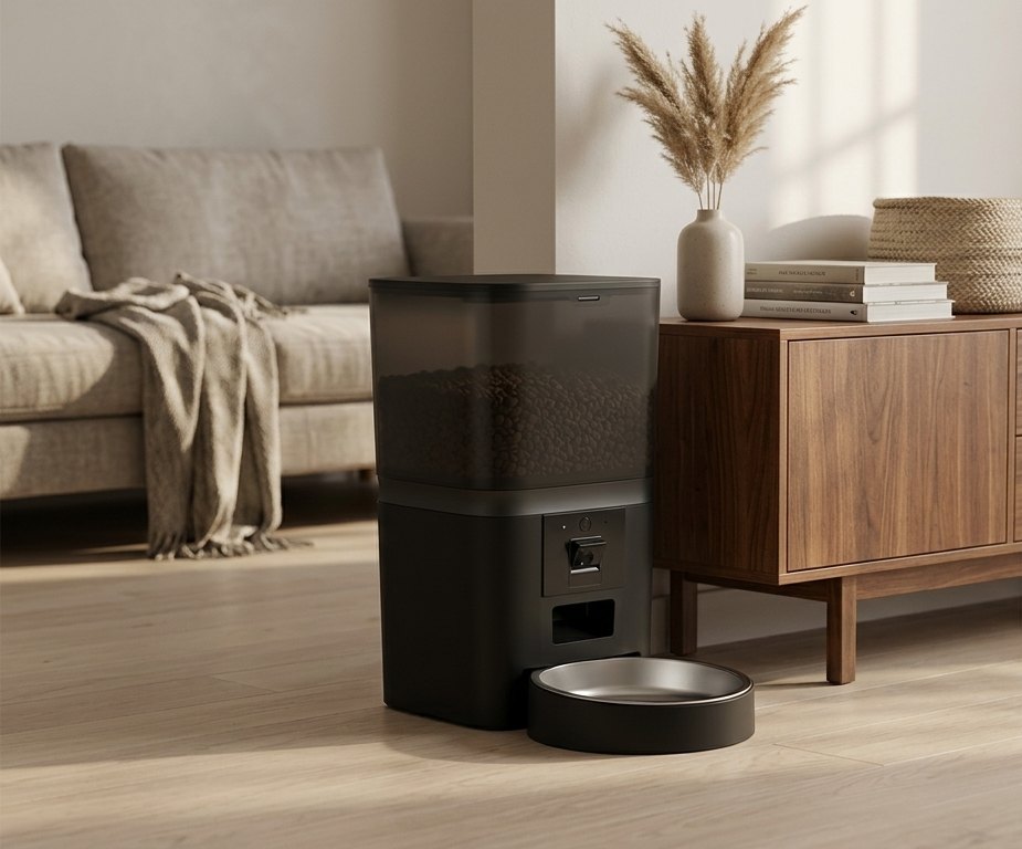 Black Kitty Korners automatic cat feeder styled beside a walnut sideboard in a living room