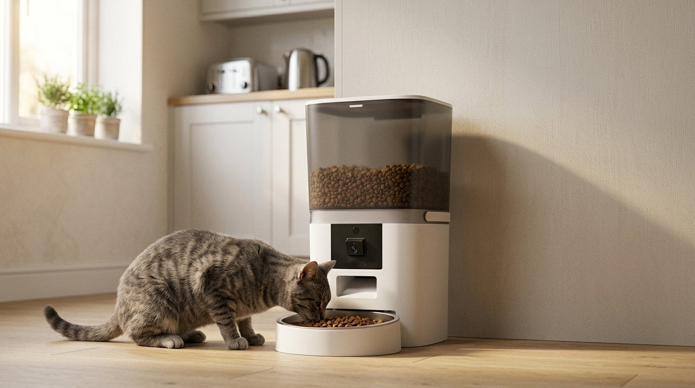 Grey tabby cat eating from the white Kitty Korners automatic cat feeder in a bright British kitchen