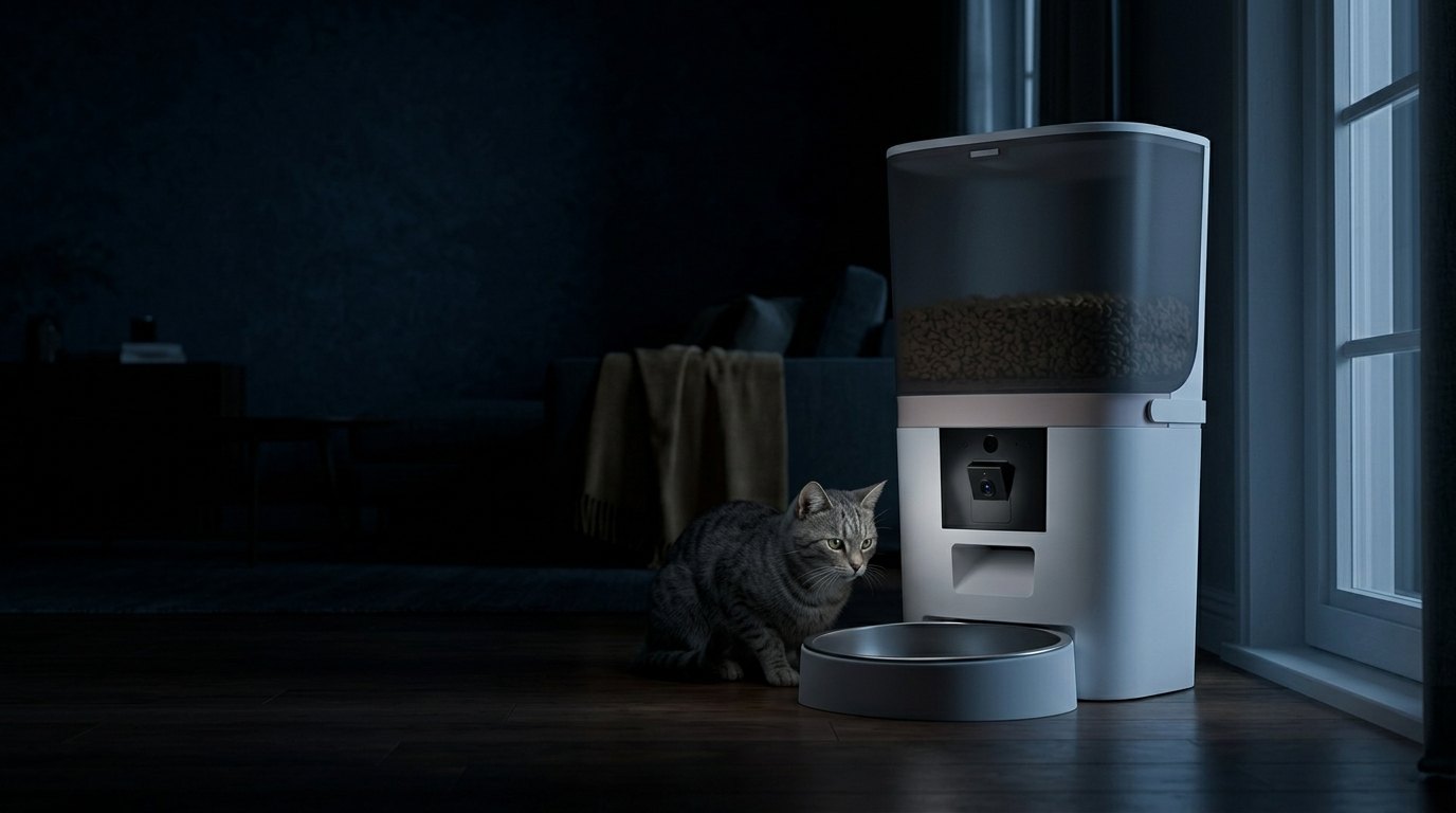 Cat beside the Kitty Korners automatic cat feeder in a dark room at night