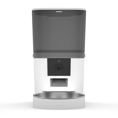Kitty Korners automatic cat feeder in white, front view with 6L hopper and stainless steel bowl