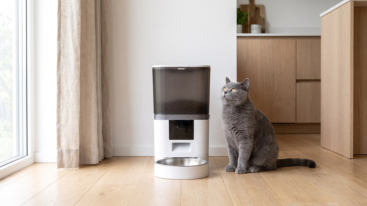The Kitty Korners feeder in white on an oak kitchen floor with a British Shorthair cat beside it