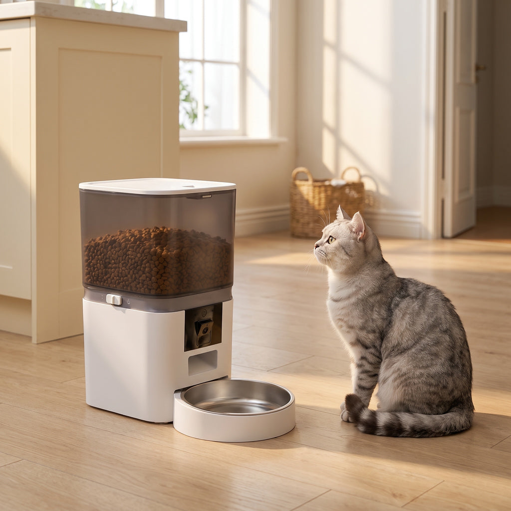 Silver tabby cat waiting beside the white Kitty Korners automatic cat feeder on an oak kitchen floor
