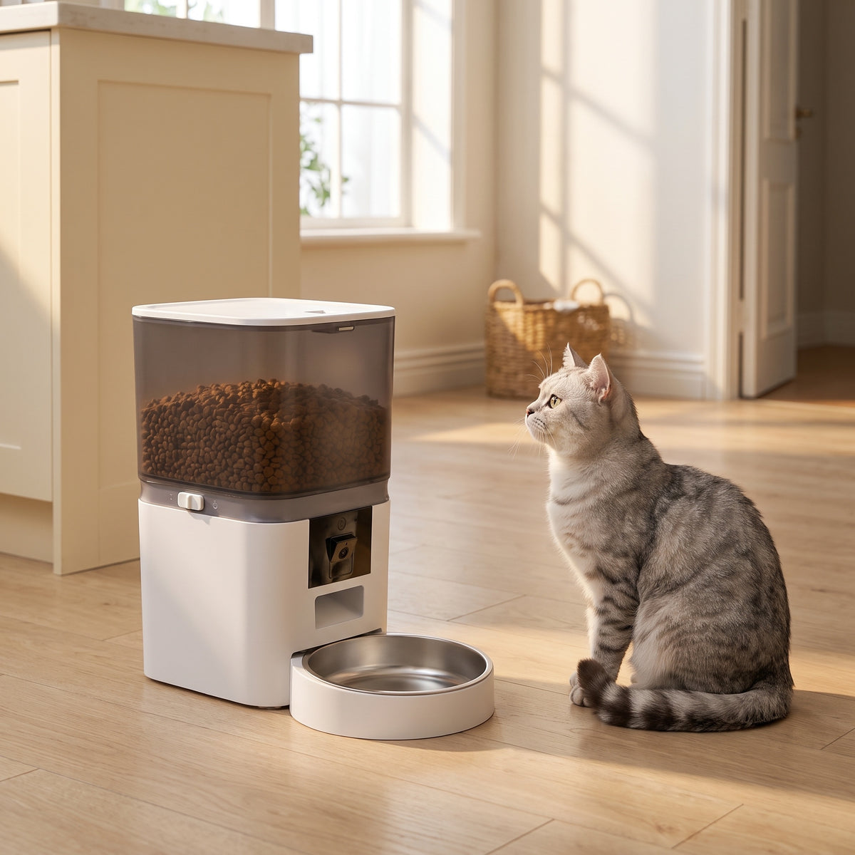 Silver tabby cat waiting beside the white Kitty Korners automatic cat feeder on an oak kitchen floor