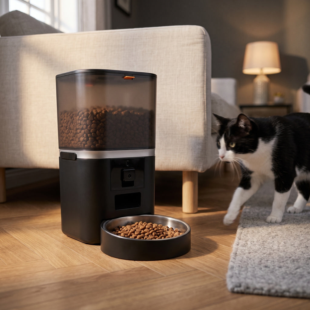 Black Kitty Korners automatic cat feeder on a herringbone oak living room floor as a tuxedo cat walks over to it