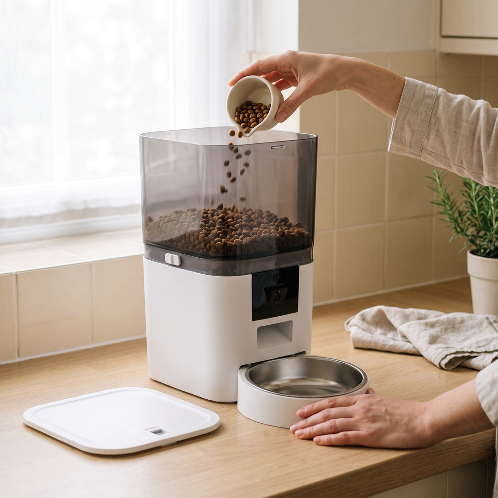Refilling the 6L hopper of the white Kitty Korners automatic cat feeder with dry food on a kitchen worktop, lid removed