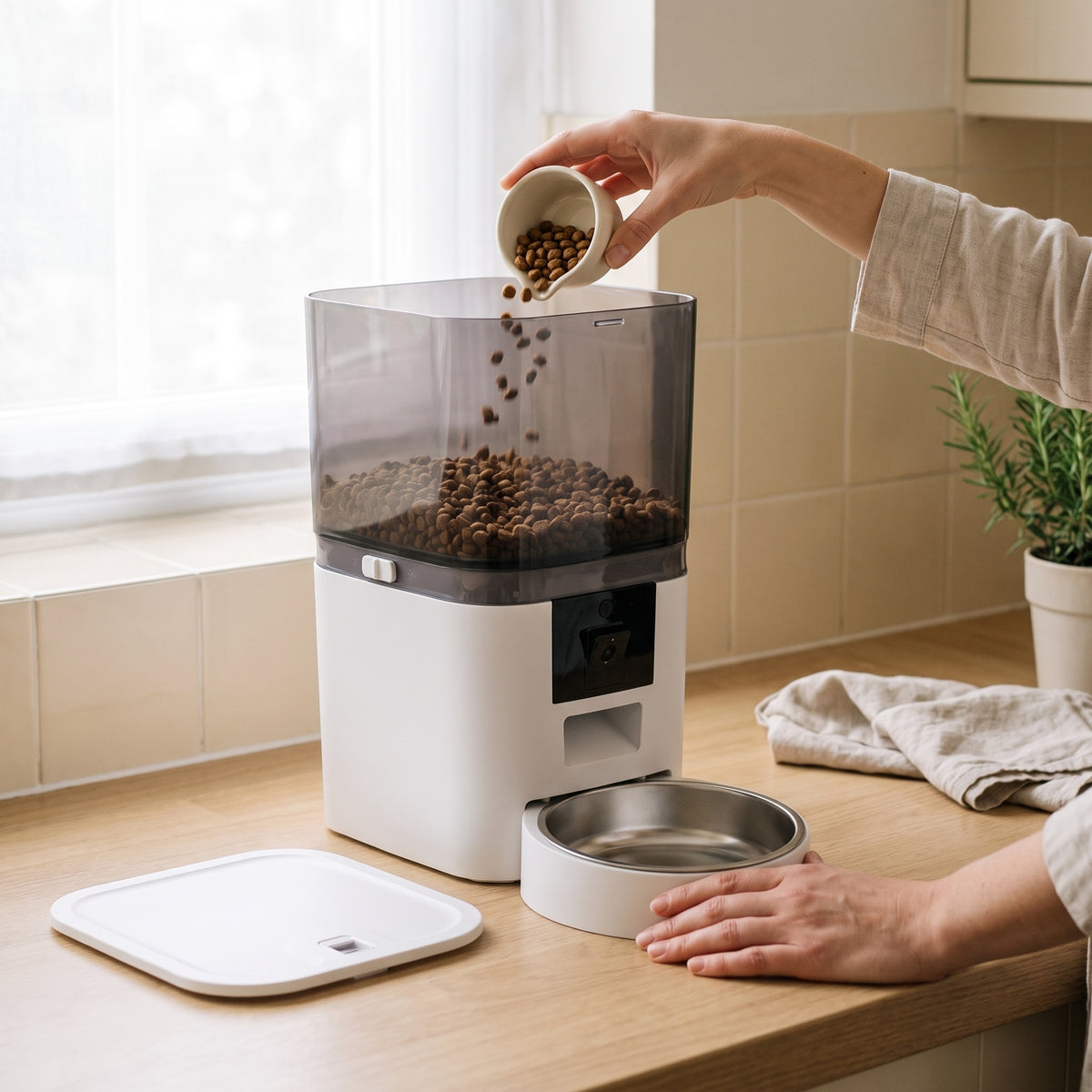 Refilling the 6L hopper of the white Kitty Korners automatic cat feeder with dry food on a kitchen worktop, lid removed