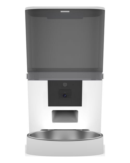 Kitty Korners automatic cat feeder in white, front view with 6L hopper and stainless steel bowl