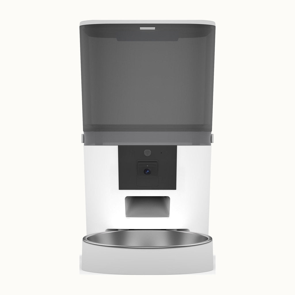 Kitty Korners automatic cat feeder in white, front view with 6L hopper and stainless steel bowl