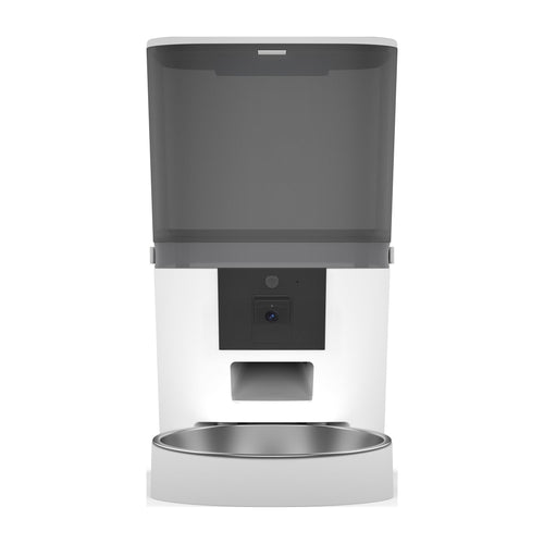 Kitty Korners automatic cat feeder in white, front view with 6L hopper and stainless steel bowl