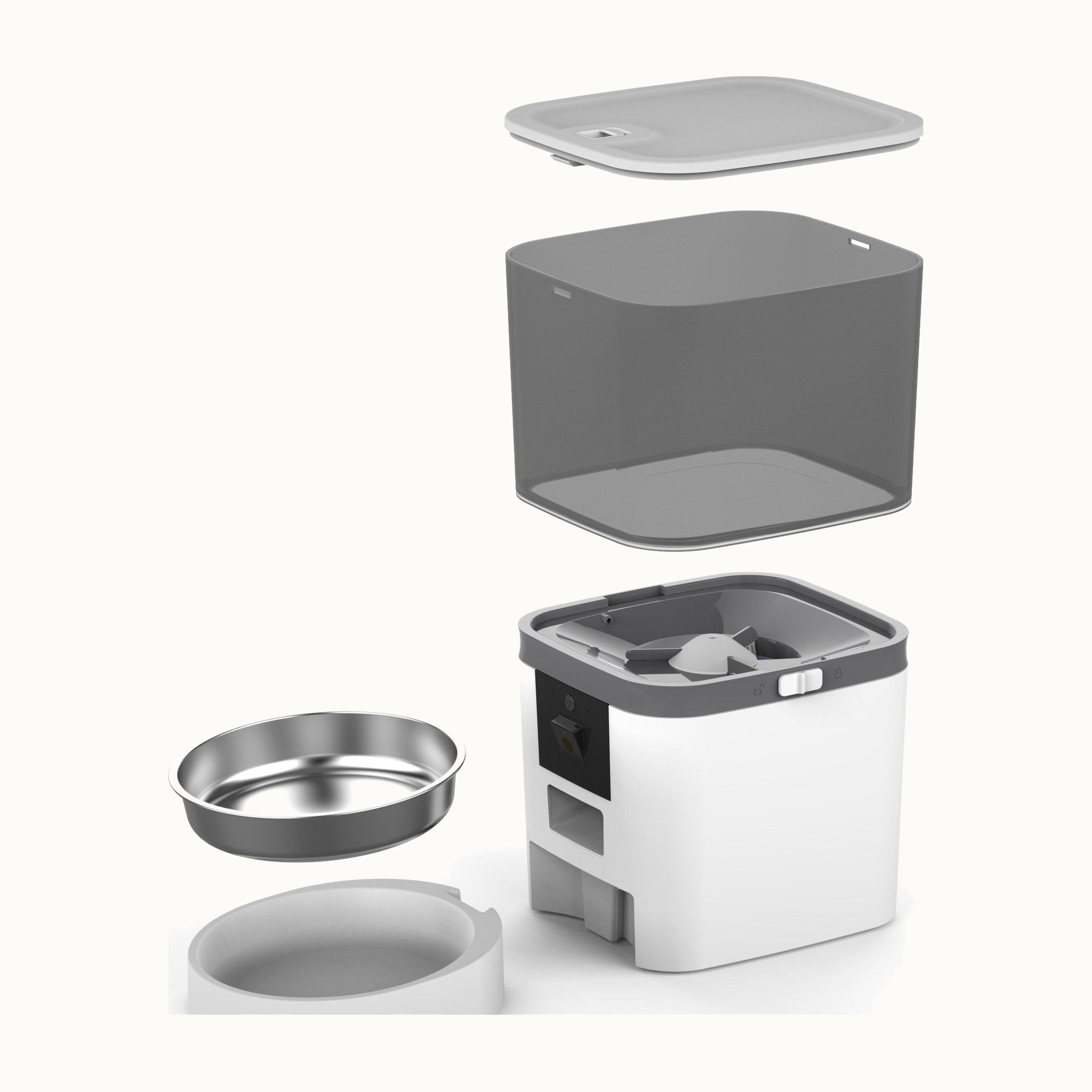 Kitty Korners cat feeder shown in parts: lid, 6L hopper, base unit, removable stainless steel bowl and bowl surround
