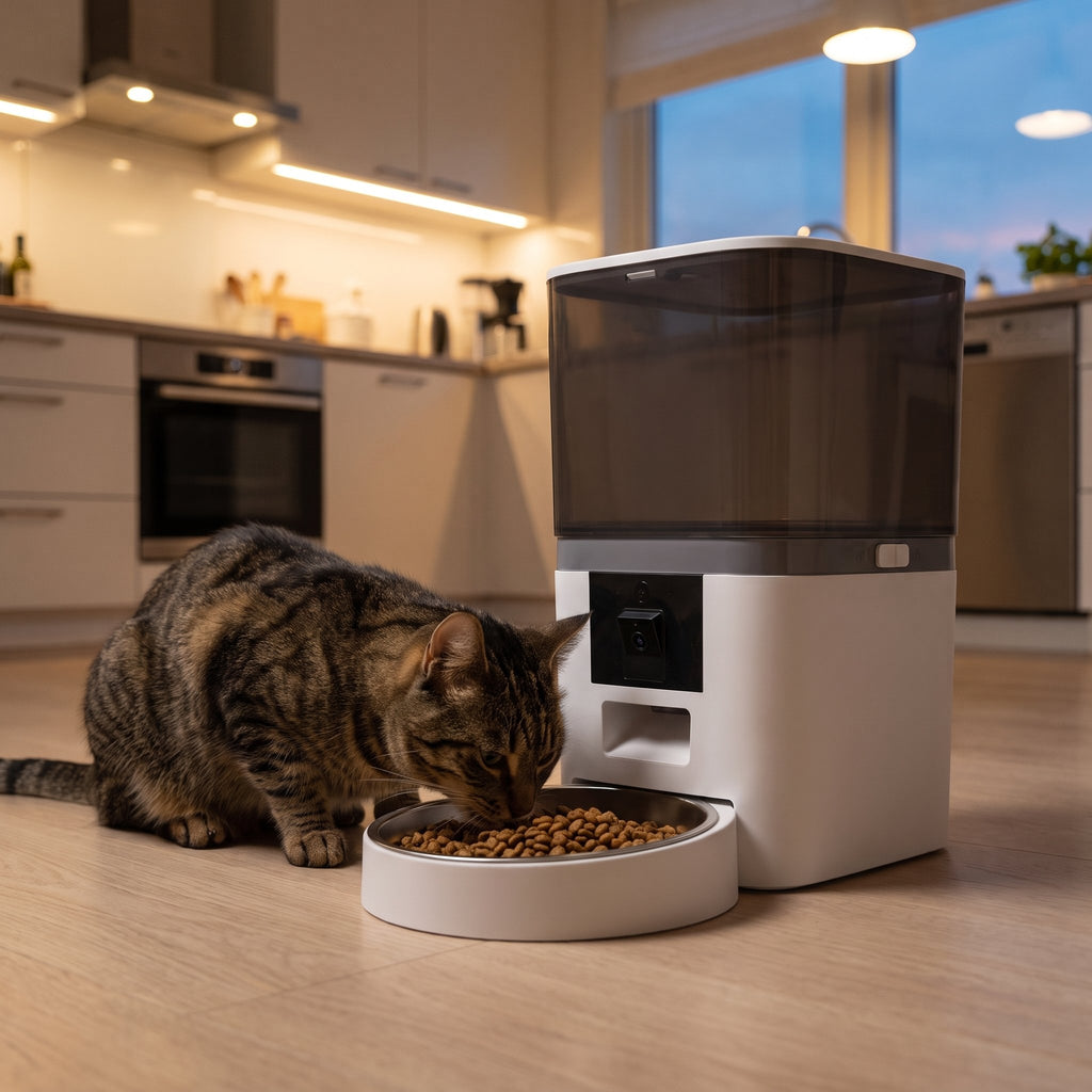 Tabby cat eating from the bowl of the white Kitty Korners automatic cat feeder in a kitchen at dusk