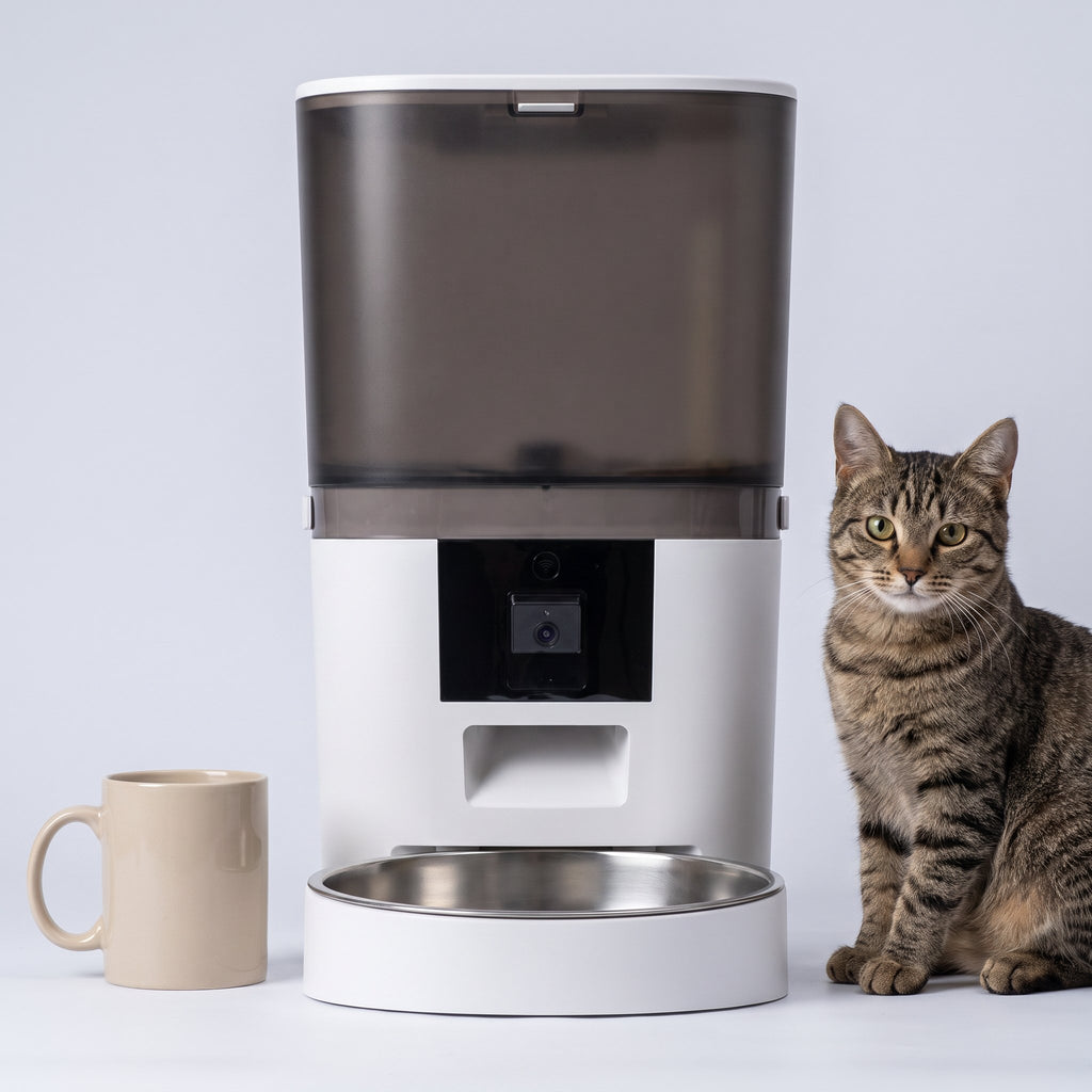Size comparison of the white Kitty Korners automatic cat feeder beside a coffee mug and a cat