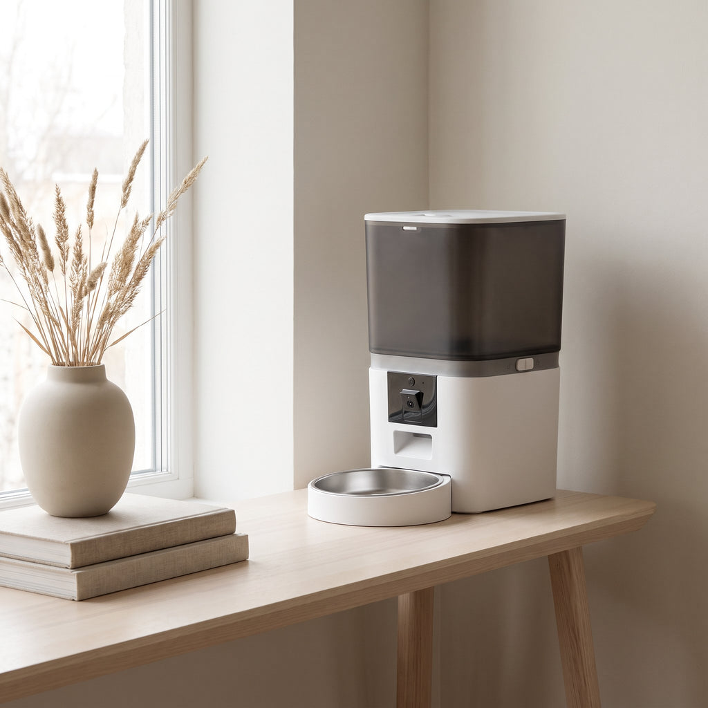 White Kitty Korners automatic cat feeder on a pale wooden console table beside a vase of dried grasses