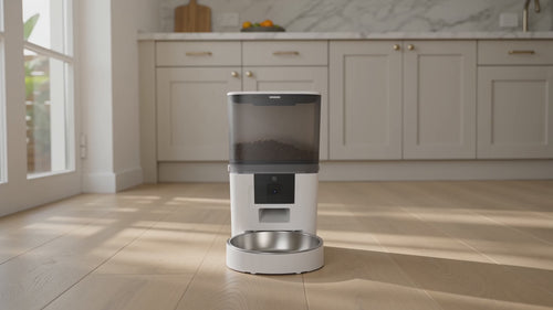 The Kitty Korners automatic cat feeder dispensing a portion of dry food into its stainless steel bowl as a cat comes to eat